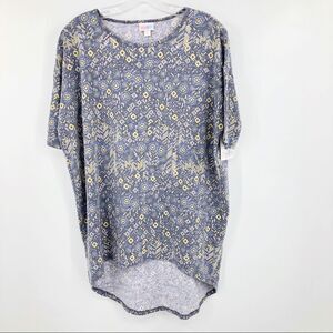LuLaRoe Womens Irma Tunic Tee Shirt Blue & Yellow Printed High Low Oversized XXS